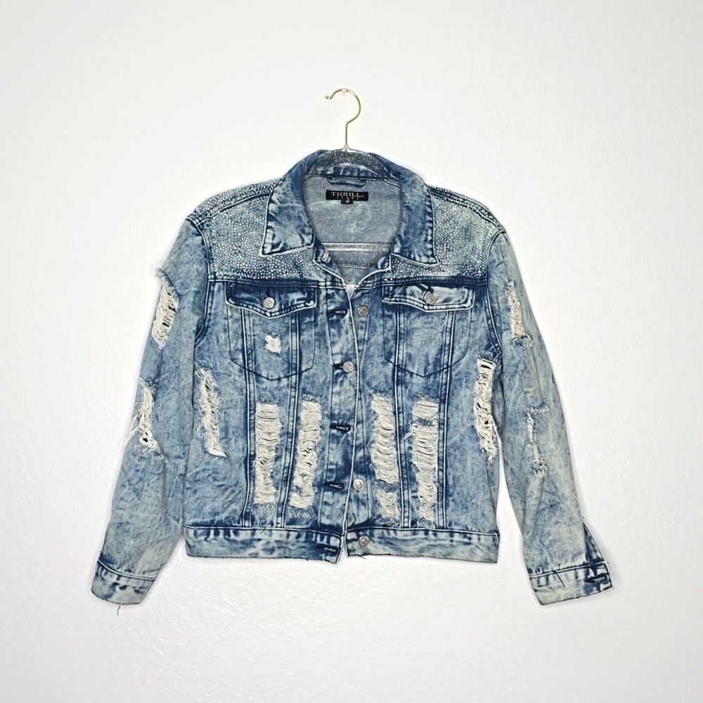 Thrill jeans jacket distressed embellished